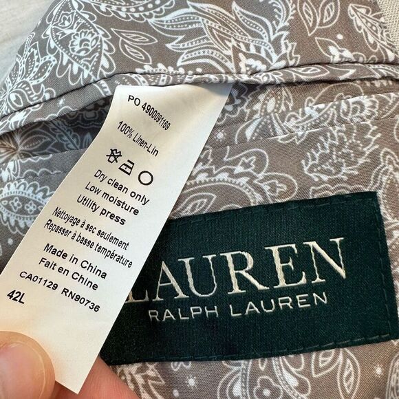 Lauren Ralph Lauren 100% Linen Cream Blazer Men’s 42L Two Buttons Pockets - Picture 7 of 10